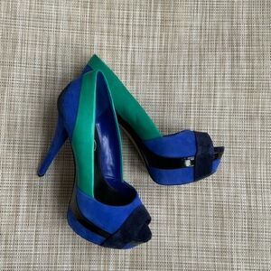 Jessica Simpson Blue and Green Peep-Toe Heels